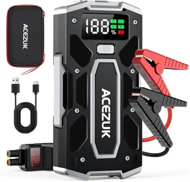 ACEZUK Booster Batterie Voiture 7000A, Démarreur de Batterie de Voiture Portable(Jusqu'à 8.0L Diesel ou 10.0L Gaz), 12V Jump Starter, Pinces Intelligentes avec Écran, Lumière LED, Port de QC3.0
