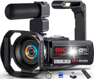Caméscope Caméra Vidéo 8K 64MP Vlogging Caméra pour Youtube,WiFi Vision Nocturne IR Écran Tactile 3" Zoom Numérique 18X Webcam Video Camera avec Mic,Stabilisateur, Télécommande,Carte SD 64 Go et Piles