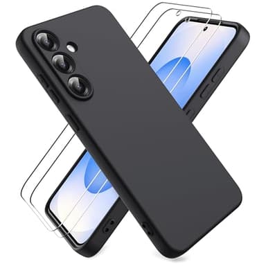 Ikziwreo Coque pour Samsung Galaxy S25 FE 5G, avec 2 Pièces Protecteur D'écran en Verre Trempé, Souple Étuis en Caoutchouc Housse Antichoc Protection Bumper Coque Samsung S25 FE - Noir