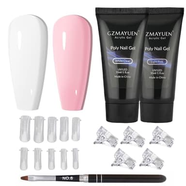 GZMAYUEN Poly Ongle Gel Set, 30ml Blanc/Rose UV Extension Gel , avec Brosse et Capsules pour Ongles, Nail Builder Gels de Construction Ongle pour Beginner Manicure Nails Art