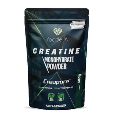 Foodelis Creatine Monohydrate Creapure 500g en poudre - 100% Creatine Creapure - Sans arôme, Non-OGM, Pure et sans additifs - Avec dosette incluse - Haute solubilité
