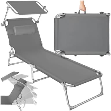 TecTake® Chaise Longue Pliante Bain de Soleil Jardin Exterieur avec Pare Soleil & Appuie-tête Chaise Longue inclinable Transat de Plage Relax Camping Salon de Jardin Exterieur - Gris