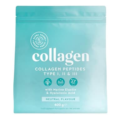 Collagene Poudre [400gr] | Collagen Peptides (Type I, II & III) | Collagène Hydrolysé en Poudre avec Elastine & Acide Hyaluronique | Goût Neutre | Alpha Foods