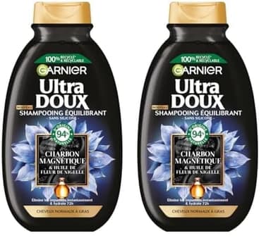 Garnier Ultra Doux - Shampooing Hydratant & Équilibrant au Charbon Magnétique & Fleur de Nigelle - Pour Cheveux Normaux à Gras - 250 ml (Lot de 2)