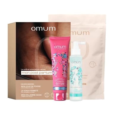 OMUM - Mon Post-Partum - 1 complément à boire Mon Collagène Cacao, 1 crème raffermissante Mon Coach Fermeté, 1 lotion capillaire anti-chute Mon Coup de Pousse - Coffret bien-être post partum complet