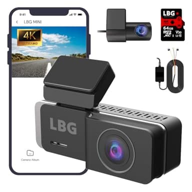 Dashcam Voiture Avant Arrière 4K+FHD – Discrète – Hauteur 3cm – WiFi Rapide – Mode Parking Inclus – Vidéo Claire Jour & Nuit | LBG Mini (Carte 64Go)