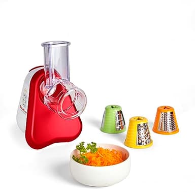 Moulinex Découpe-légumes électrique, Râpe 3-en-1, Système de cônes de couleur facile, Large goulotte, Pièces amovibles compatibles lave-vaisselle, Fresh Express rouge DJ753510