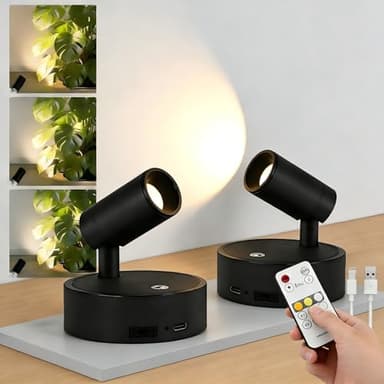 Kambo Spot LED Sans Fil Rechargeable 4000mAh - Éclairage d'Art Mini et Lampe de Lecture avec Télécommande et Touche Tactile - Minuterie Intégrée pour Plantes, Armoires, Chambre, Salon, 2 Pièces