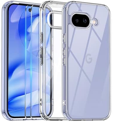 COPIKE Coque Antichoc pour Google Pixel 9A et 2 Pièces Verre Trempé, Coque Protection Caméra Mince Anti-Jaune Anti-Rayures Housse, Transparent
