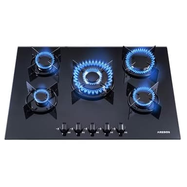 Arebos Plaque de cuisson à gaz 70 cm 5 brûleurs | Verre trempé | Encastrable avec supports en fonte | Compatible gaz naturel et propane | Sécurité d’allumage intégrée