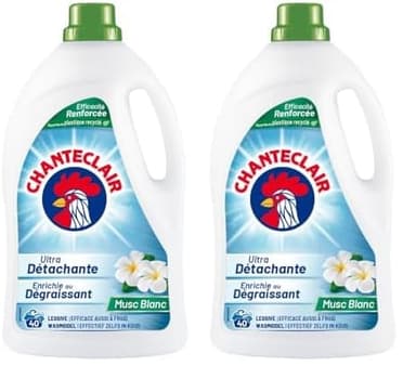 Chanteclair - Lessive Liquide Concentrées Musc Blanc, Enrichie au Dégraissant, Ultra Détachantes et Efficaces aussi à Froid, 40 lavages - 1800 ml (Lot de 2)