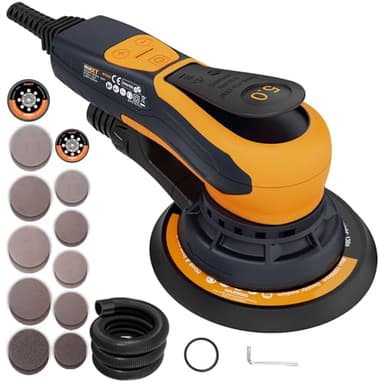 MAXXT Ponceuse orbitale sans balais de 350 W, disque de 150 et 125 mm, Ponceuse bois de 5.0 mm avec raccord à trois noyaux, 4000-10000 tr/min (6 vitesses réglables), Frein automatique-2s, 20 feuilles