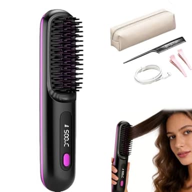 Brosse lissante chauffante cheveux court, Giovencia brosse lissante portable - gobrush pro, Sans Fil Anti-BrûLure Avec éCran Led Rechargeable Pour Tous Les Types De Cheveux (Noir)