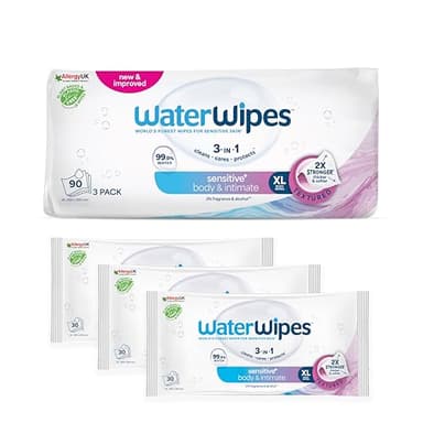 WaterWipes Sensitive+ Body & Intimate Wipes, Hygiène Corporelle et Intime, 90 lingettes (3 paquets), 3-en-1 nettoie, soigne, protège, 99,9% d'eau, lingettes humides non parfumées, Adult Care