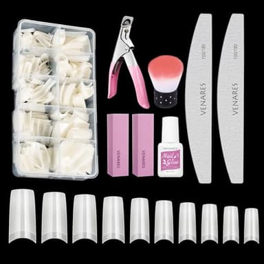 Capsules Ongles, Venares 500 Pcs Faux Ongles Français Acrylique Artificiel Capsules Ongles avec Colle, Blocs de Polissoirs Ongles, Pinceau à Ongles, Limes à Ongles, Coutellerie Ongles (Naturel)