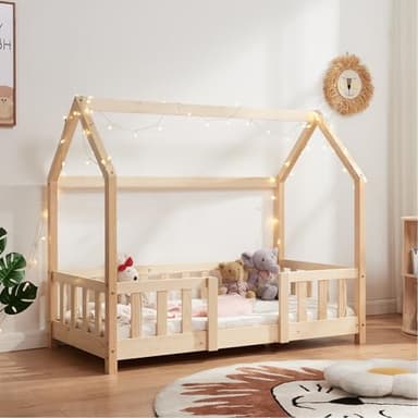 [en.casa] Lit Cabane Lit Enfant en Forme de Maison avec Sommier à Lattes avec Grille de Protection Confortable Capacité de Charge 50 kg Bois de Pin Contreplaqué 70 x 140 cm Naturel