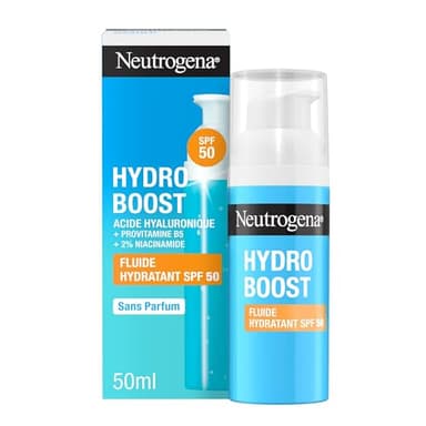 Neutrogena – Fluide Hydratant Hydro Boost SPF 50 (flacon-pompe de 50 ml) – Soin visage à l’acide hyaluronique, provitamine B5 et niacinamide – Soin hydratant avec protection solaire