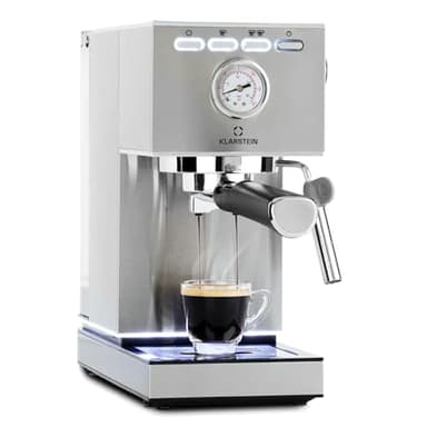 KLARSTEIN Pausa Machine à café expresso, porte-filtre de 1350 W,machine à expresso avec 7-9 bars de pression,machine à café avec porte-filtre et réservoir d'eau de 1,4 l, en acier inoxydable, argenté