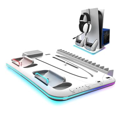 AKUMA Cyber A01 – Support Multifonction PS5, PS5 Slim Disc/Digital et PS5PRO avec Ventilateur Turbo, Chargeur 2 Manettes, RGB, Rangement 15 Jeux, Support Casque,Un Port USB-A intégré