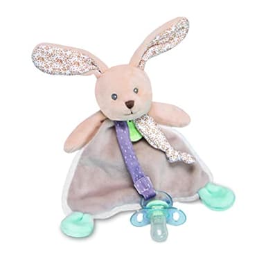 BABY NAT' - Doudou Attache Sucette Lapin POUPI - Doudou Carré Ultra Doux - Gris/Beige - Attache Tétine Compagnon de Bébé - Pour les Câlins Enfants - Idée Cadeau Naissance - BN0602