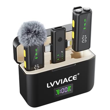 LVVIACE Microphone sans fil pour iPhone iPad Android (Lightning/USB C), double micros et étui de charge avec écran numérique, réduction intelligente du bruit, autonomie de la batterie 45h, portée de