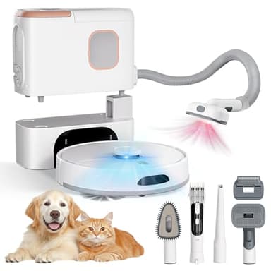 Robot aspirateur et nettoyeur, spécialement conçu pour manipuler les poils d'animaux, puissance d'aspiration maximale de 6000 Pa, avec station d'accueil auto-drainante, 10 semaines de nettoyage mains