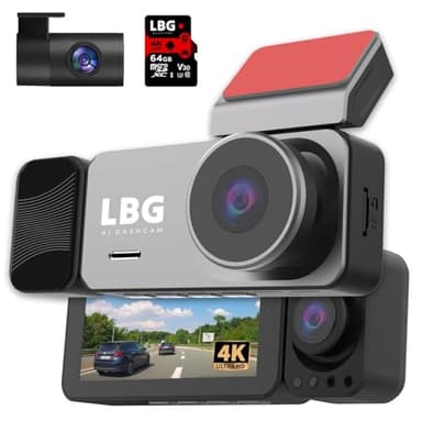 LBG A1 Dashcam Voiture 4K Triple, caméra embarquée Avant 4K, arrière 1080P, intérieure 1080P, Marque française, Vision Nocturne, Mode Parking, Enregistr. en Boucle (avec Carte 64Go)