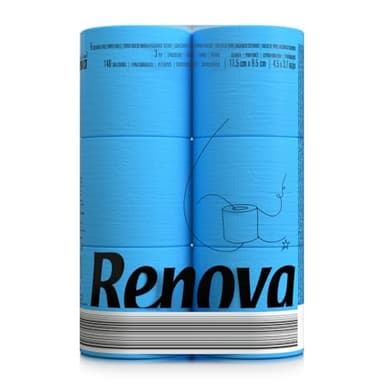 Renova Papier Hygiénique Black Label Bleu, 3 plis, coloré et technologie double face, 6 rouleaux