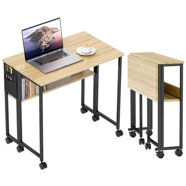 HOMCOM Bureau Pliable sur roulettes, Table d'ordinateur 80 x 50 cm avec étagère et Sac de Rangement, Table d'étude pour Bureau à Domicile, Chambre, Petits espaces, chêne