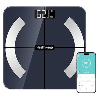 Healthkeep Balance Pèse Personne, Balance Connectée Bluetooth Impédancemètre Pese Personnes Haute Précision avec 13 Analyses de la Composition Corporelle App Incluse, Capacité 180kg/400lb, 28x28cm