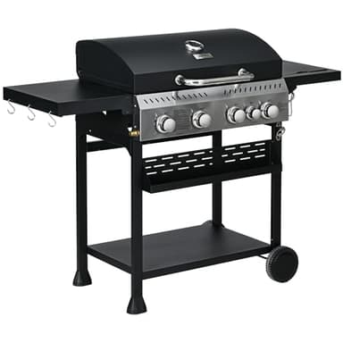 Outsunny Barbecue à gaz 4+1, barbecue au gaz propane 12,5 kW chariot de BBQ avec roulettes, grille chauffante, étagères, thermomètre, décapsuleur, noir