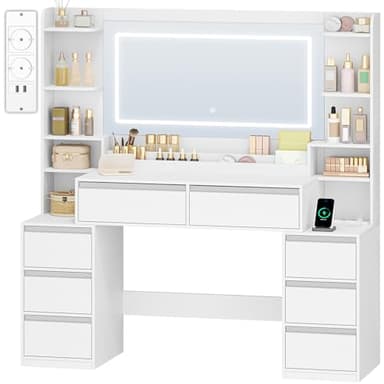 HEXCELEN 135cm Coiffeuse avec Miroir, Table de Maquillage avec 3 Lumières LED à Luminosité Réglable, Prises de Courant, Support pour Sèche-Cheveux, 8 Tiroirs et Étagères Ouvertes, Blanc-Argent