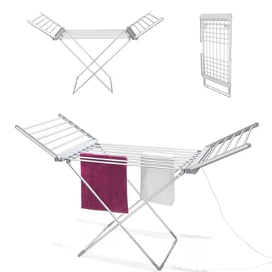 Fishtec - Étendoir à Linge Electrique Pliable en Aluminium - Sèche Serviette Salle de Bain Chauffant 18 Barres - 230 W - 145CM - Aluminium Argent - Séchage Rapide et Sécurisé