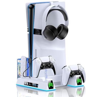 Support PS5 compatible avec console PS5/PS5 Slim/PS5 Pro, support PS5 avec ventilateur à 3 niveaux, 2 station de charge pour manettes, support de casque, emplacement à distance, rangement de 11 jeux