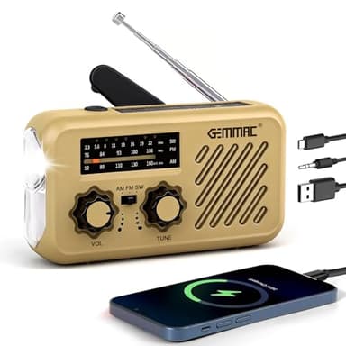 Gemmac Radio d'urgence Multifonction 3 en 1, Batterie 2000mAh Powerbank Lampe Torche USB Recharge Solaire Dynamo Manivelle LED Alarme SOS Radio AM/FM/SW pour Survie Camping Plein air Randonnée Cadeau