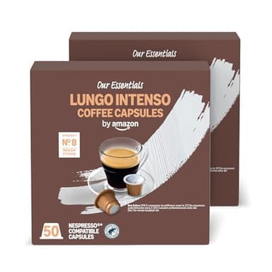 by Amazon Café en Plastique Lungo Intenso Compatible Nespresso, en Capsules, Torréfaction Moyenne, 100 Unités (2 Paquets de 50) – Certifié Rainforest Alliance