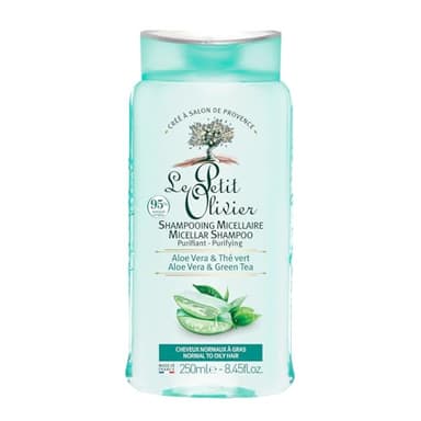 LE PETIT OLIVIER - Shampooing Micellaire Soin Purifiant - Aloe Vera & Thé Vert - Purifie & Allège - Cheveux Normaux À Gras - Sans Silicone/Sulfate - Fabriqué en France - 250 ml