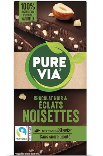 Pure Via Tablette Chocolat Noir & Éclats Noisettes à la stevia, sans sucre ajouté, Équitable 100g