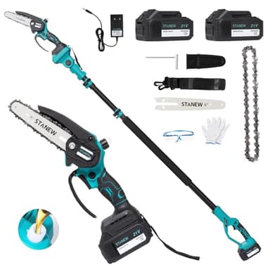 Tronçonneuse télescopique 2 en 1 STANEW, mini tronçonneuse sans balais avec 2 x 4000mAh batteries, 6 Pouces, hauteur de travail max. 4,55 m, réglage multi-angle de 0-120°(sangle incluse)