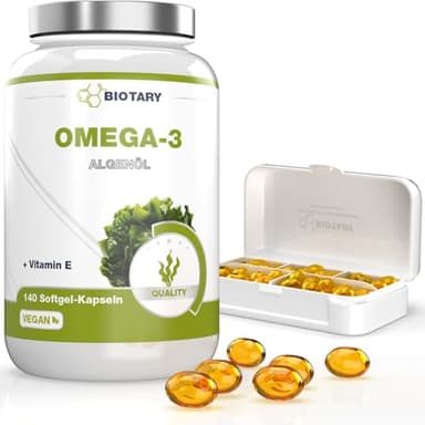Omega 3 Vegan d'Huile d'Algue - 140 gélules, 3 mois environ de stockage, avec boîte à pilules, testé en laboratoire, EPA + DHA + Vitamin E, 100% Végétalien, Qualité supérieure