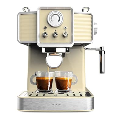 Cecotec Machine à Café Express Power Espresso 20 Tradizionale Light Yellow. 1350W, Espresso et Cappuccino, 20 Bars et Thermoblock, Vaporisateur, Manomètre, Design Vintage, Capacité de 1,5 Litres