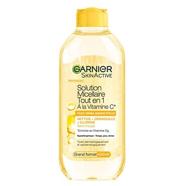 GARNIER Skin Active - Eau Micellaire Tout-En-1 - Nettoie, Démaquille & Illumine - Micelles & Vitamine C - Visage, Yeux, Lèvres - Peaux Ternes en Manque D'Éclat - 400 ml