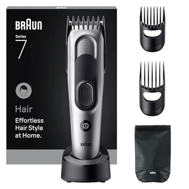 Braun Tondeuse à cheveux professionnelle série 7, pour homme, 5 outils de coiffage, 17 longueurs, lame tranchante à vie, autonomie de 50 minutes, sans fil, lavable, HC7590 – Gris