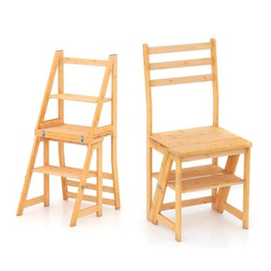 GIANTEX Marche Pied Bois en Bambou 3 en 1, Escabeau Pliable, Chaise avec Dossier Haut, Support pour Plantes, Patin Anti-dérapant, Échelle Jusqu'à 150 kg, pour Bibliothèque, Cuisine, Bureau, Naturel