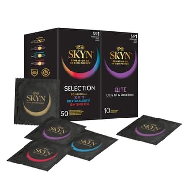 SKYN Lot de 60 Préservatifs: 10x Elite (Ultra-Fins) & 50x Sélection (10x Classique, 20x Perlé, 20x Extra-Lubrifié) | Sans Latex pour Homme |Taille Standard Diamètre 53mm