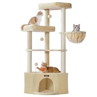 Feandrea Arbre à Chat, 48,5 x 48,5 x 140,7 cm, Tour de Jeux pour Chats, avec Niche, Grandes Plateformes, Balles en Peluche, Hamac, Beige Sable PCT009Y01