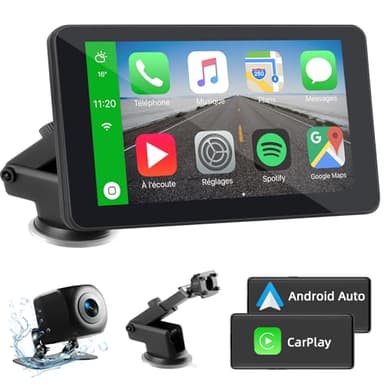 Carplay Voiture pour A-pple & Android Auto, 7 Pouces Ecran Carplay Voiture Portable, A-pple Car Play Android Auto avec Camera de Recul, Bluetooth, Mirrorlink, Assistant Vocal, GPS, FM, AUX