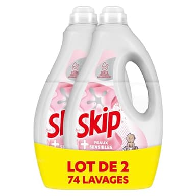 Skip - Lessive Liquide Peaux Sensibles - Contre les taches tenaces - Parfum léger et agréable - Testée dermatologiquement - 2x37 Lavages