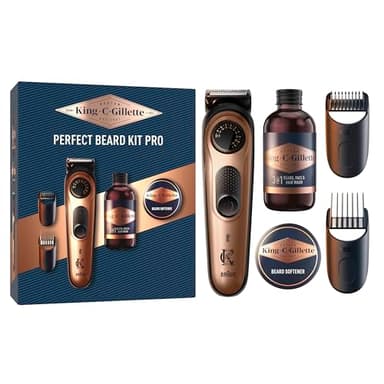 Gillette King C. Coffret Cadeau Homme, Kit Soin De Barbe Inclus Tondeuse PRO Electrique, Roue De Précision Pour 40 Longueurs De Barbe Pour Un Rasage Efficace, Mini Nettoyant, Mini Baume, 2 Sabots