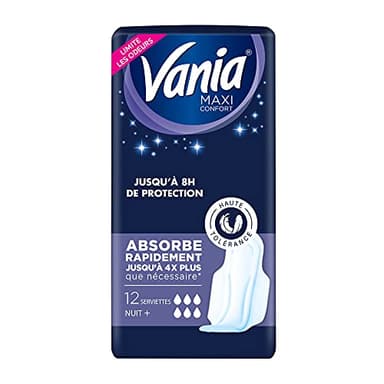 Vania – Serviettes Hygiéniques Maxi Confort Nuit + (paquet de 12 pièces) – Protection hygiénique spéciale nuit avec voile extra doux – Serviettes sans colorant avec jusqu'à 8 h de protection